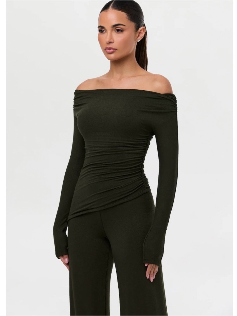 NWT Naked Wardrobe NW Off-Shoulder Asymmetric Top Olive Green